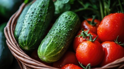Close-up of organic cucumbers and tomatoes in a basket, emphasizing farm-fresh produce