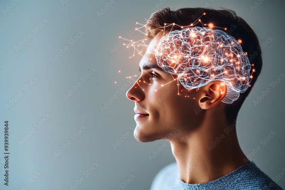 Poster profile of a young man with a digital brain network illuminated symbolizing cognitive enhancement in