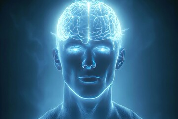 Futuristic glowing blue human figure with a transparent brain symbolizing advanced neural connections intelligence and the intersection of humanity and technology