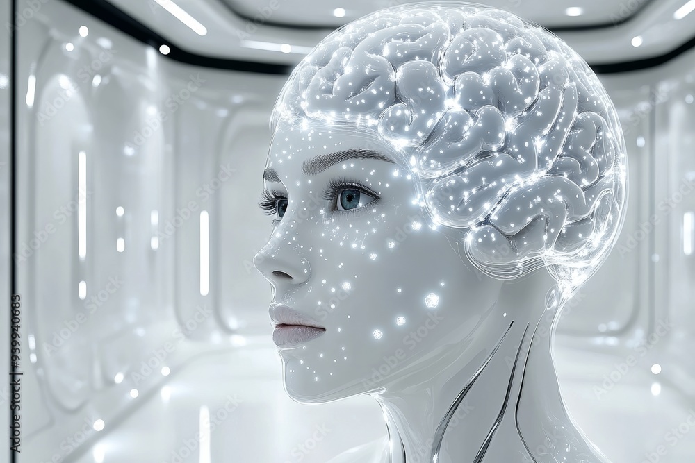 Aufkleber futuristic humanoid figure with a transparent brain in a sterile white environment representing arti