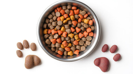 metal bowl with dry dog ​​or cat food on white background, pet care, animal feeding, paws, domestic animals, nutritious, healthy, vitamins, meat, wheat