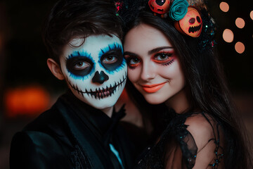 Obraz premium teen couple at Halloween party with Halloween makeup and scary Halloween costume, generative AI