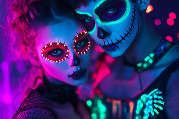 teen couple at Halloween party with Halloween makeup and scary Halloween costume, generative AI