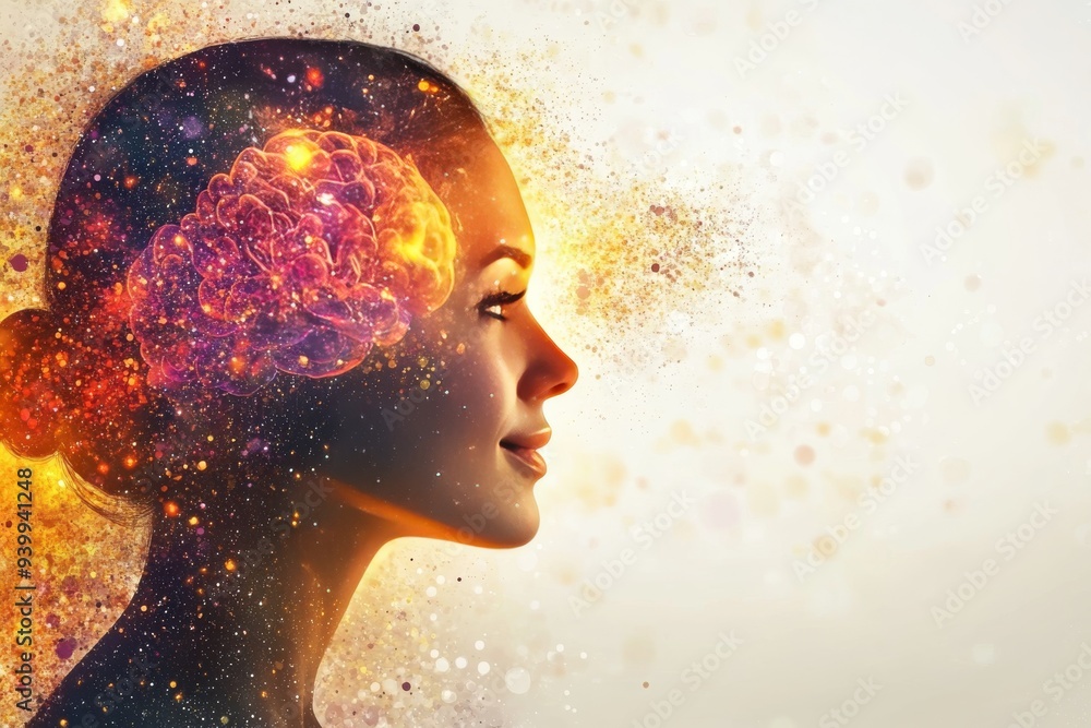 Poster woman with a face dissolving into particles symbolizing transformation the fragility of identity and