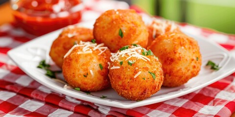 Crispy Fried Rice Balls Filled with Cheese and Herbs Accompanied by Marinara Sauce on a White Dish Placed on a Checkered Tablecloth