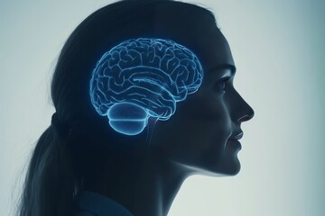Obraz premium Profile of a woman with a blue illuminated brain symbolizing the fusion of human consciousness with advanced digital technologies and the potential for cognitive evolution