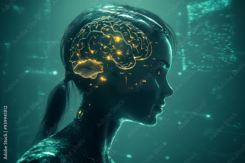 Aufkleber woman with illuminated brain symbolizing the seamless integration of technology and human cognition 