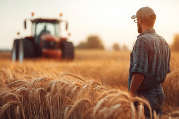 happy farmer in a cap in front of a wheat field and a tractor driving on it, wheat import, grain import, generative AI
