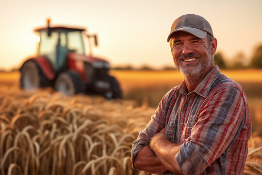 happy farmer in a cap in front of a wheat field and a tractor driving on it, wheat import, grain import, generative AI