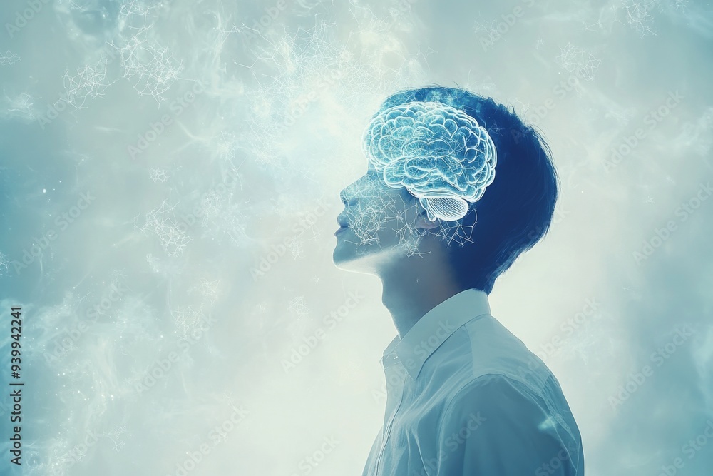 Poster young man with illuminated brain pattern symbolizing youth intellectual growth and the integration o