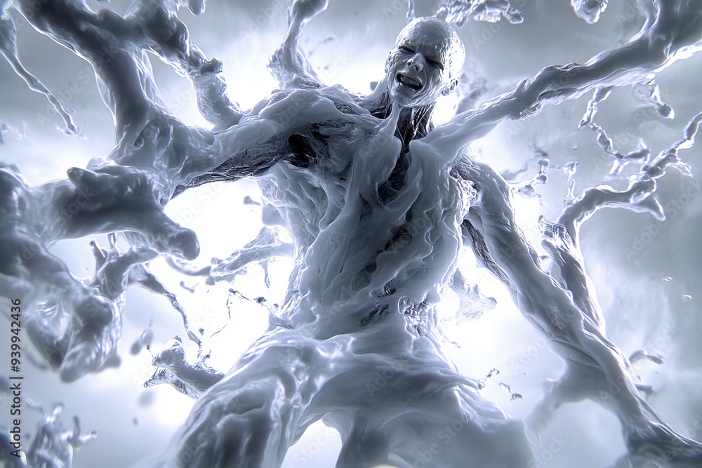 Poster abstract depiction of a humanoid figure entangled in liquid metal representing the fusion of organic
