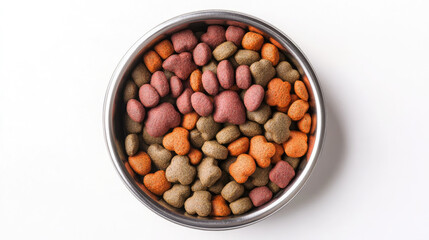 metal bowl with dry dog ​​or cat food on white background, pet care, animal feeding, paws, domestic animals, nutritious, healthy, vitamins, meat, wheat