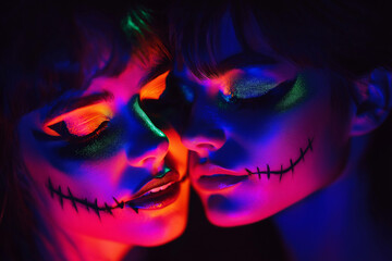 teen couple at Halloween party with Halloween makeup and scary Halloween costume, generative AI