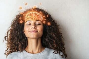 Young woman with a glowing neural network on her forehead symbolizing the connection between emotion thought and the blossoming of ideas in the mind