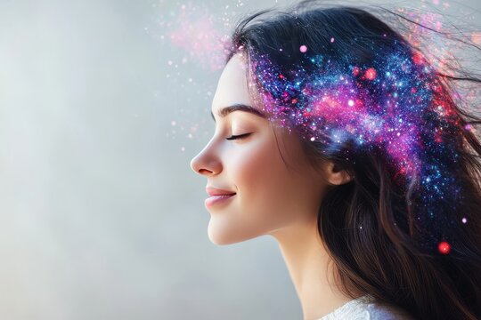 Woman with a swirling galaxy pattern in her hair symbolizing the universe of thoughts imagination and the limitless possibilities within the human mind