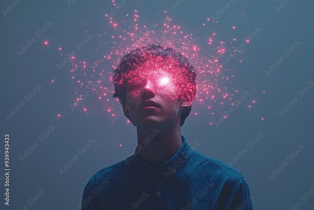 Aufkleber a futuristic representation of a young man with a glowing pink neural network over his head symboliz