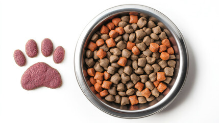 metal bowl with dry dog ​​or cat food on white background, pet care, animal feeding, paws, domestic animals, nutritious, healthy, vitamins, meat, wheat