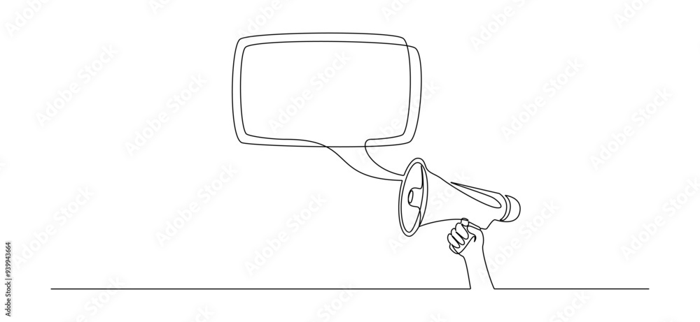 Aufkleber One continuous line drawing of loudspeaker bullhorn with speech balloon. Megaphone speaker symbol of marketing promotion in simple linear style. Job offer concept editable stroke. Vector illustration