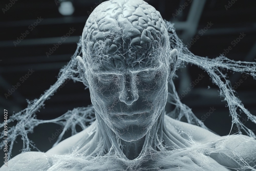 Poster a detailed illustration of a human like figure made entirely of intricate neural networks representi