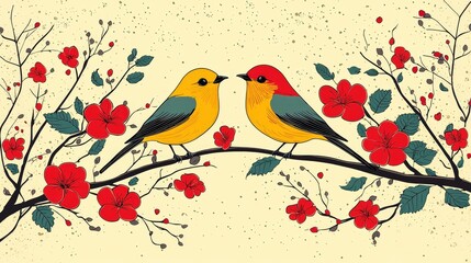 Two Birds Perched on a Branch with Red Flowers
