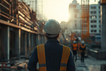 construction worker in a helmet against the background of other construction workers and construction structures, generative AI
