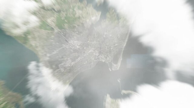 Earth zoom in from space to Hampton, Virginia, USA. Followed by zoom out through clouds and atmosphere into space. Satellite view. Travel intro. Images from NASA