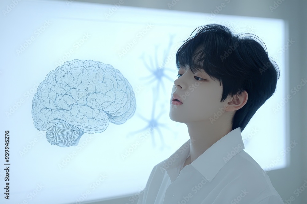 Poster a young man stands in front of a digital brain projection symbolizing the intersection of human inte
