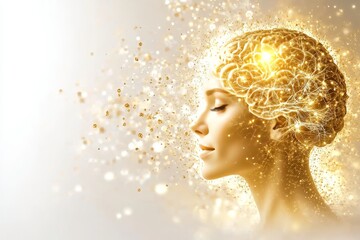 Obraz premium A side profile of a woman with a glowing brain surrounded by golden particles representing intellectual brilliance and the spark of creativity in a modern conceptual design