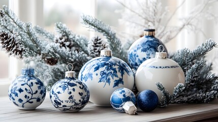 Festive Blue and White Christmas Ornaments