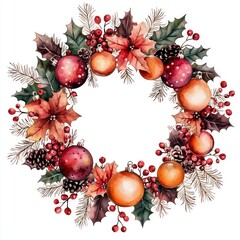 Watercolor Christmas Wreath with Baubles and Berries