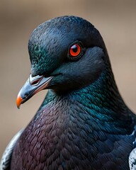 Close-up of a pigeon's head and neck, showcasing intricate feather patterns and a piercing red eye.