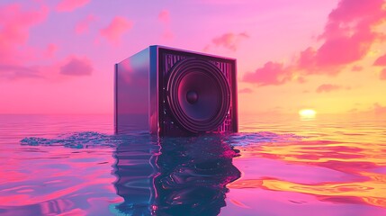 A speaker floats in a vibrant, pink and orange sunset.