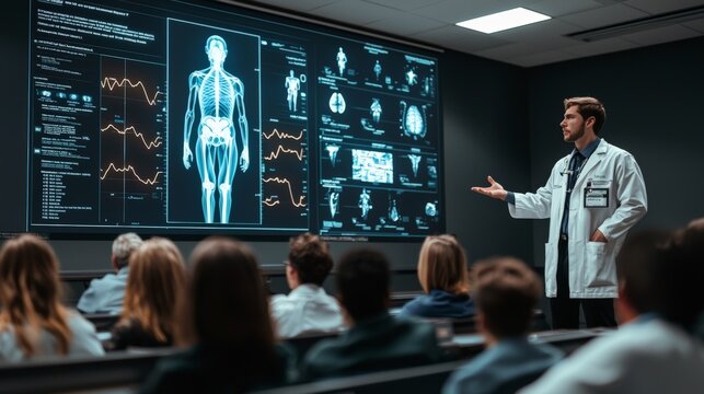 Medical instructor teaching anatomy with X-ray images in a classroom