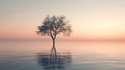 A single tree stands tall in a still body of water at sunset, its reflection mirroring the serene beauty of the sky.