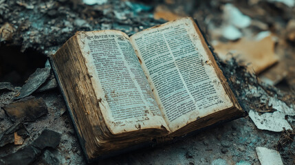 Resilience of Faith: An ancient book, weathered yet intact, lies open amidst the ashes and debris, a poignant symbol of hope and survival in the face of devastation. 