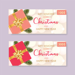 Christmas voucher. Merry Christmas and Happy New Year, gift certificates vouchers for holiday discount.