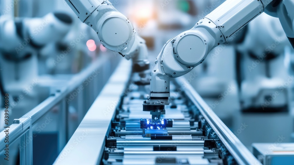 Poster automated production line in a modern factory, robotic arms assembling components, efficient manufac
