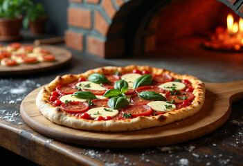 Close-up of a traditional Neapolitan pizza fresh from the oven, showcasing its classic ingredients.






