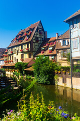 Fototapeta premium Embankment of Lauch River with historical houses in Colmar, Alsace, France