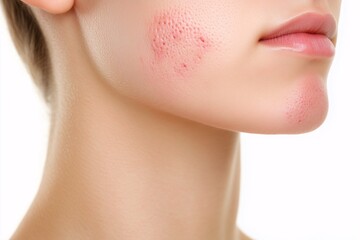 Close-up of woman`s face, the neck and skin around it with redness and pimples, content for medical and social publication about problem skin and cosmetology service, beauty poster, banner