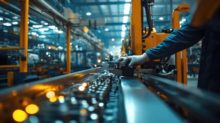 Worker assembling parts on a conveyor belt, mass production, factory setting, manufacturing process