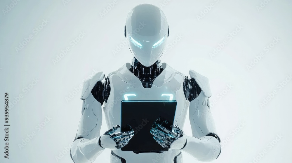 Poster ai robot using tablet interface, white background, sleek design