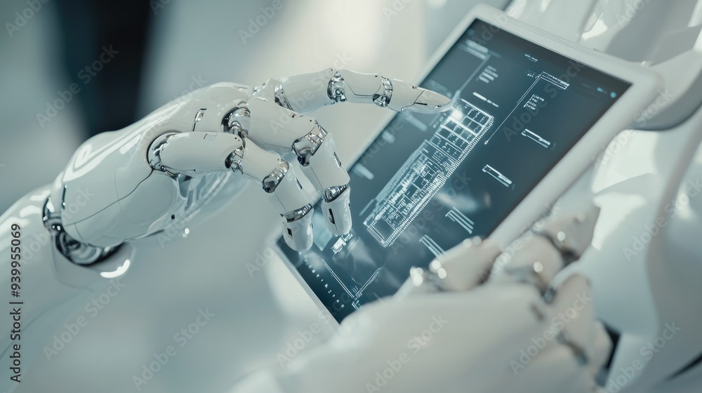 Aufkleber futuristic ai robot operating tablet, white background, digital interface, advanced tech