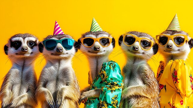 Creative animal concept. Meerkat in a group, vibrant bright fashionable outfits isolated on solid background advertisement, copy text space. birthday party invite invitation banner