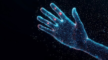 Digital hand hologram on dark background with copy space. Neural network connection. Communication with artificial intelligence