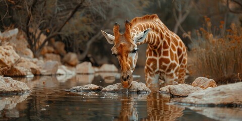Fototapeta premium Giraffe taking a drink from a boulder