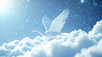 Digital Swan Soaring Above Clouds