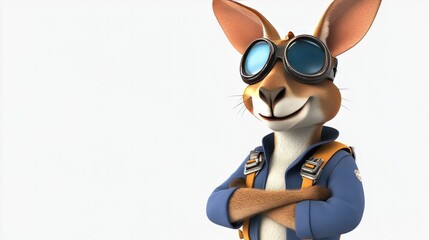 Naklejka premium Kangaroo cartoon in a pilot uniform, white background, travel theme, adventurous and fun