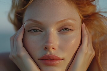 A close up portrait of a young woman with red hair and sun kissed skin symbolizing natural beauty warmth and the vibrant energy of summer in a bright sunlit setting