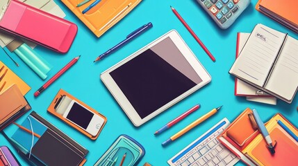 Digital education tools infographic, featuring tablets, interactive whiteboards, and e-books